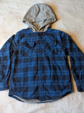 L.L. Bean Blue and Black Plaid Hooded Button-Down Shirt